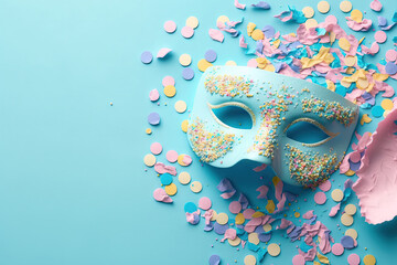 Carnival mask and confetti flat lay banner with pastel colors on a blue background. Generative AI