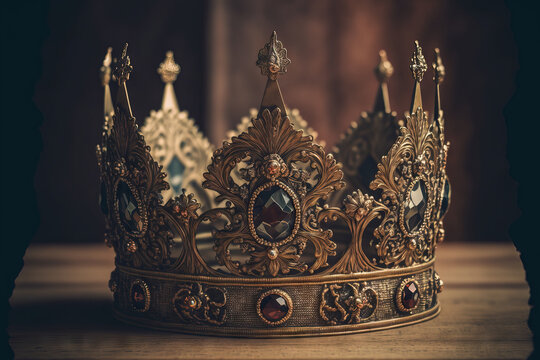 gorgeous queen or king's crown in a low key setting atop a wooden table. retro filtered medieval fantasy period. Generative AI