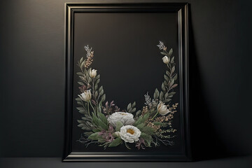Front view of a poster frame with decorative accents, flowers, and blank space on a dark background. Generative AI