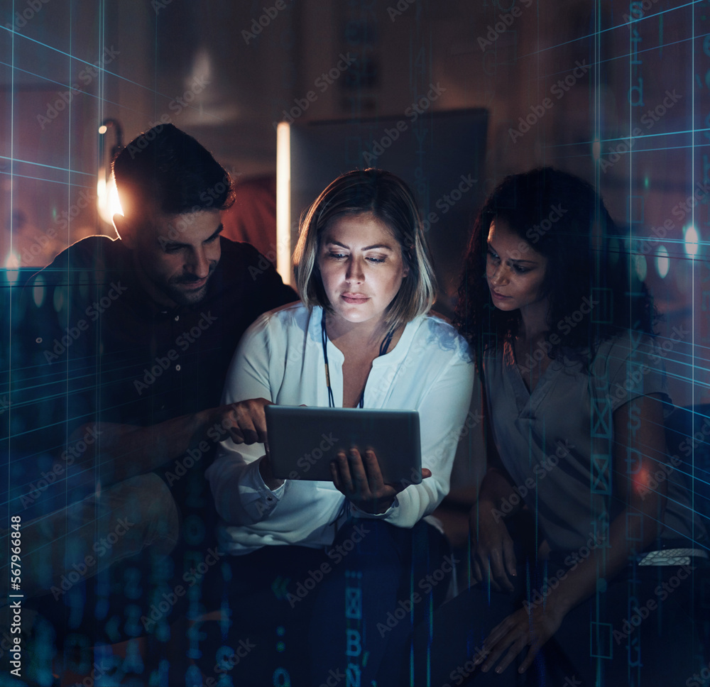 Aufkleber Data hologram, future overlay and tablet at night with statistics and IT team planning. Coding hologram, analytics and information technology with employee group working on ux and iot collaboration
