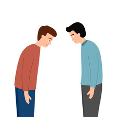 Two guys bowing head and greeting. Thankful or respect expression. Asian as Korean or Japanese polite greeting.