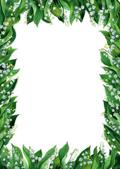 Watercolor drawn A4 frame of lily of the valley, white flowers, green leaves isolated. Botany Illustration of first spring flower in natural style. Design for invitations. Template for text, diplomas.