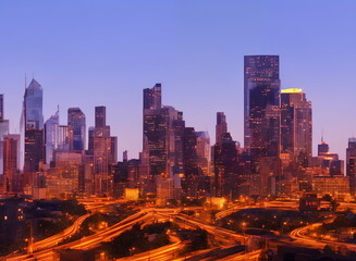 Obraz premium Illustration of modern American city with skyscrapers, Generative AI