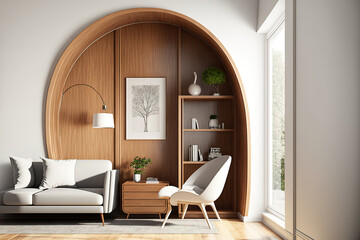 White arch niche wall with wooden cabinet and lounge chair. interior living room. Generative AI - obrazy, fototapety, plakaty