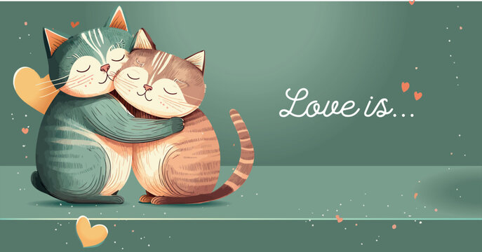 Vector illustration of cute cats in love cartoon style. Pets in love hugging each other. Red heart. Valentine Day card, love card, greeting card with inscription You are purr-fect for me