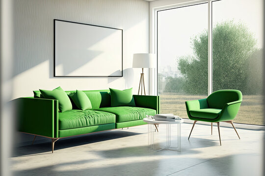 Interior of a modern, light filled living room with a green couch and two armchairs on a concrete floor, a white poster, and a panoramic window with a view of the surrounding countryside. Stylish apar