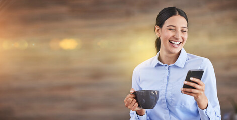 Business woman on phone, coffee break in office and relax with wifi network on mockup space. Happy professional person smiling, texting online with social media and typing message on smartphone