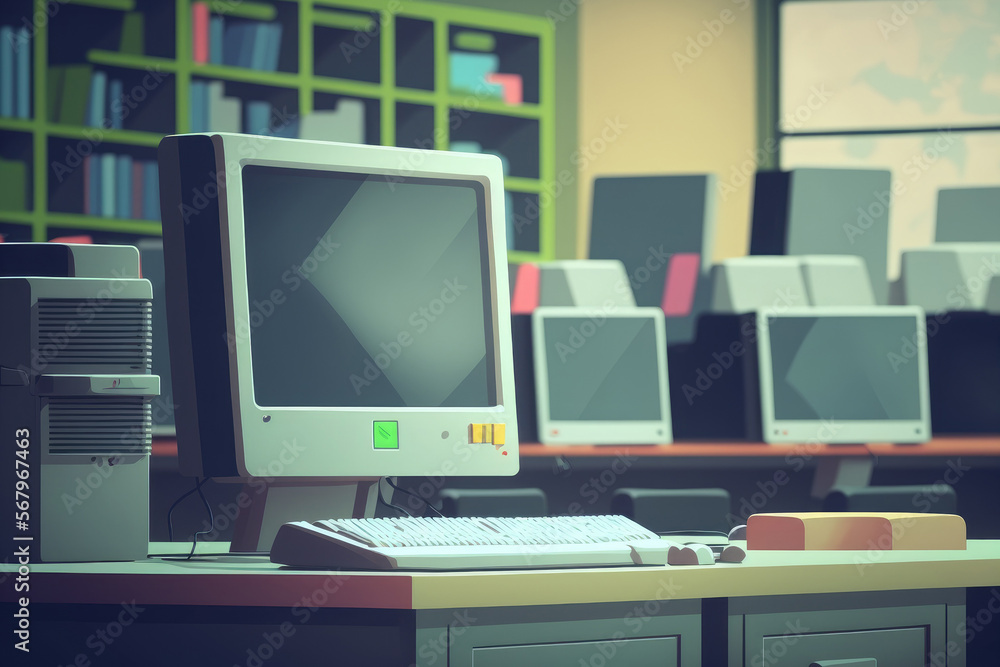 Poster computer lab blur background with pc desktop computer machine in blurry empty school class room or o