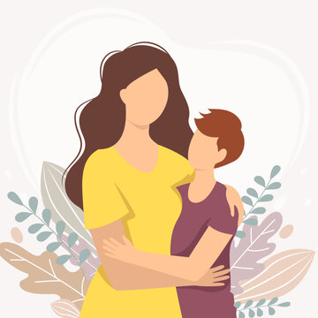 Vector illustration of a mother hugging her son. Motherhood, childhood, mother's day, happy family concept. Postcard, poster, banner, image.