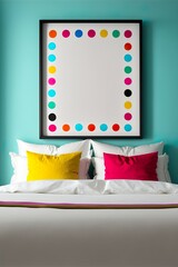 A black frame with a colorful polka dot matte bordering a white blank canvas, on a turquoise wall, behind a bed. (Generative AI)