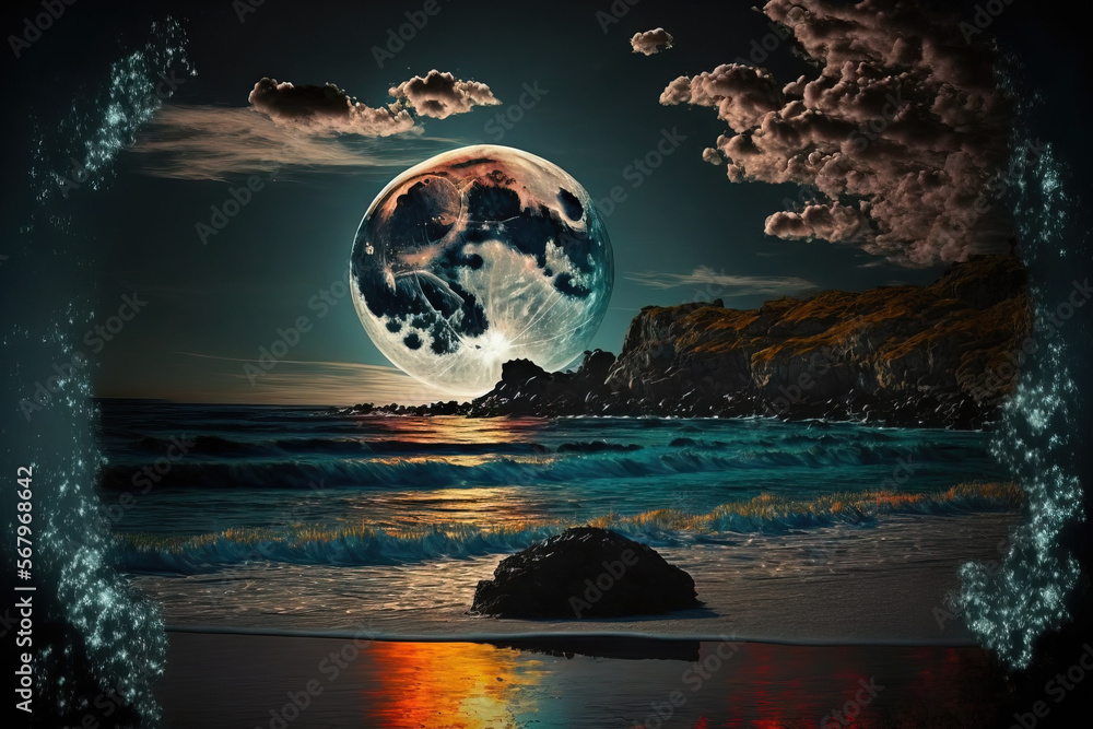 Poster big moon. a colorful evening sky with clouds and a dazzling full moon above a coastline. outside at 