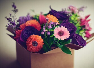 Bouquet of colorful flowers in cardboard box. Generative AI