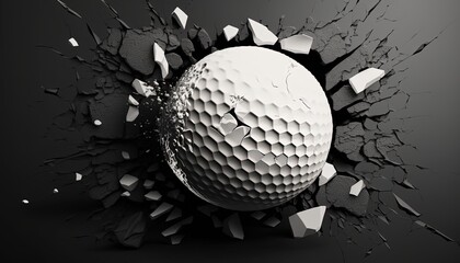 golf ball breaking through a wall and crack 3D, Generative AI