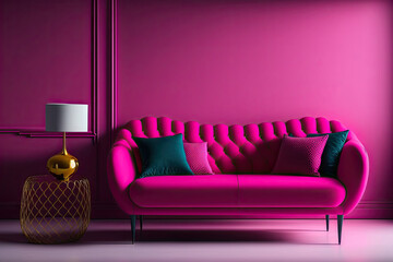 Viva magenta room background. Modern interior design with accent luxury couch and table furniture. Empty wall mockup. Raspberry tone deep rich sofa. Minimal interior design living lounge. Generative