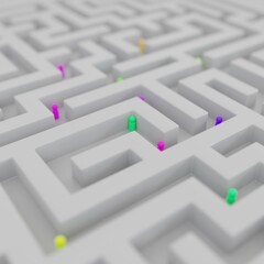 3d illustration of a maze and diverse group of people trying to solve the problem together