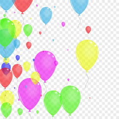 Bright Confetti Background Transparent Vector. Ballon Anniversary Background. Red Streamers. Yellow Balloon. Toy Rubber Card.