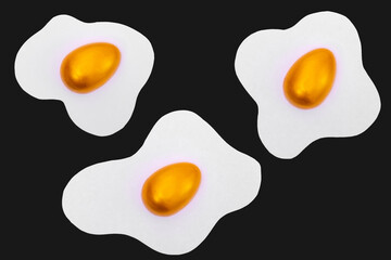 Creative layout made of scrambled eggs with decorated golden Easter eggs on a black background.