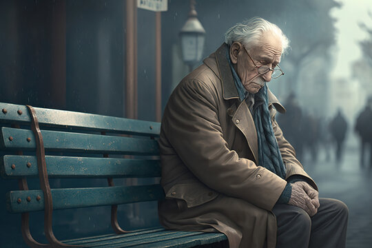 Lonely and sad old man sitting on a bench. grandfather with depression. ia generate