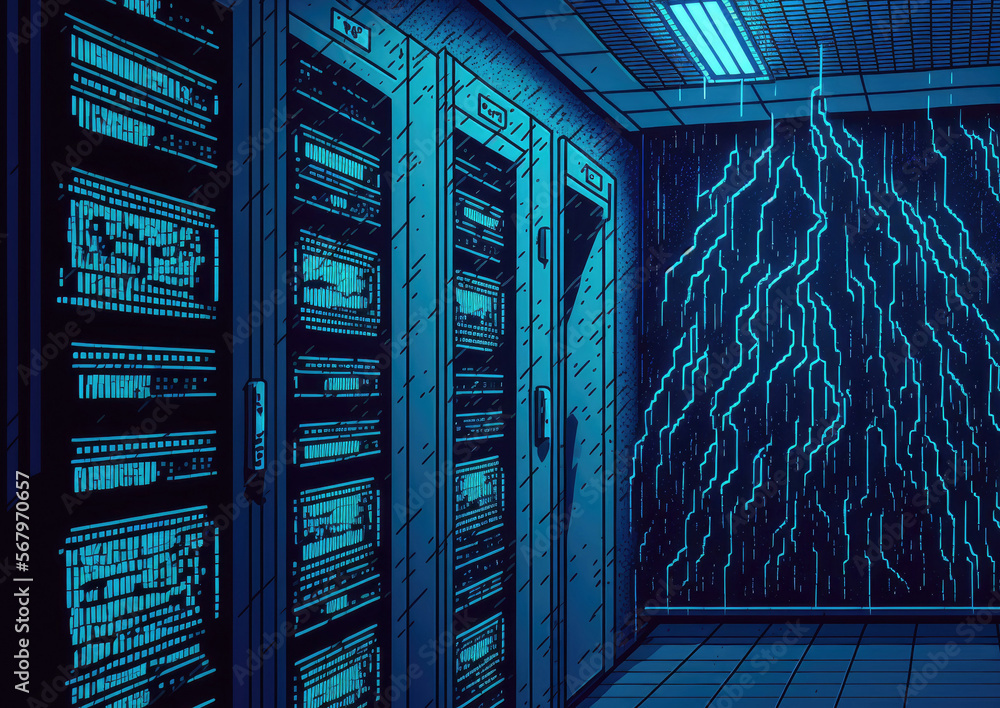 Poster blue blurry coat binary code on the mainframe stack in the server room. generative ai