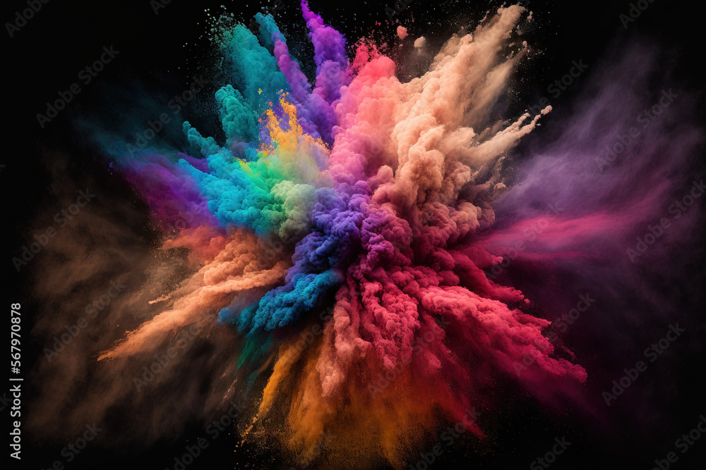 Poster powder explosion with color. abstract close up of background with dust. vibrant explodes holi paints
