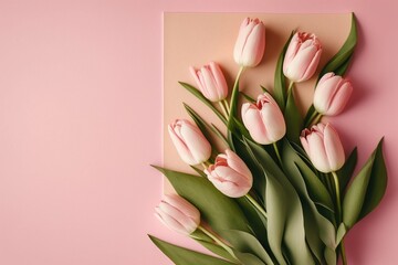 Beautiful composition spring flowers. Bouquet of pink tulips flowers on apastel pink background. Valentine's Day, Easter, Birthday, Happy Women's Day, Mother's Day. Flat lay, top view. - Generative AI