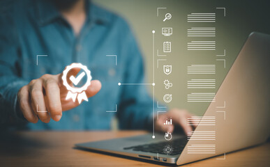 Entrepreneur point at certificate icon that show top service quality standard in business or...
