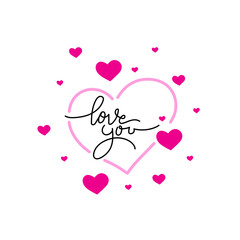 Love you simple lettering - word text handwriting with heart symbol background template vector