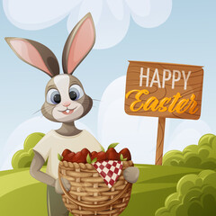 Easter landscape. The bunny holds in its paws a wicker basket with red eggs. Vector illustration in cartoon style. For banner, postcard, kids book