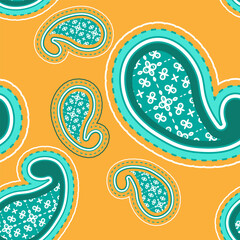 Seamless pattern with decorative ornamented elements. Green stylized cucumbers on a yellow background. Vector illustration