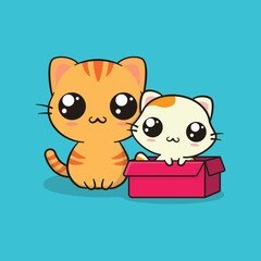 Two Cute Cats Play In The Box Cartoon Vector Icon Illustration. Animal Icon Concept Premium Vector. Flat Cartoon Style.