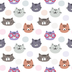 Seamless Pattern with Cartoon Cat Face Design on White Background