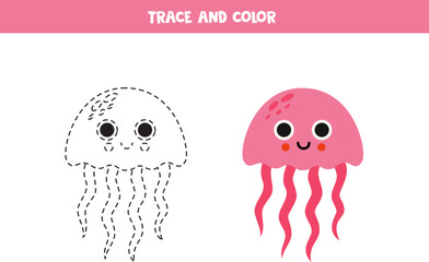 Trace and color cartoon pink jelly fish. Worksheet for children.