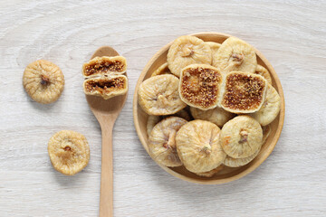 Dried figs turkey in a bowl on wooder background, Healthy eating concept,Common fig (Ficus carica L.)
