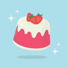 Strawberry pudding with vanilla cream. Dessert with strawberry topping. Vector illustration dessert strawberry pudding.