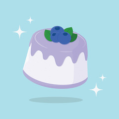 Blueberry pudding with purple cream. Dessert with blueberry topping. Vector illustration dessert blueberry pudding.