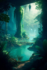 Obraz premium Jungle paradise with epic lighting and a fantasy twist, sense of scale. Generative AI