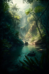 Jungle paradise with epic lighting and a fantasy twist, sense of scale. Generative AI