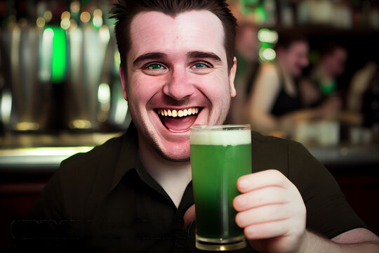 Smiling bartender holding up green beer on St. Patricks day, generative art