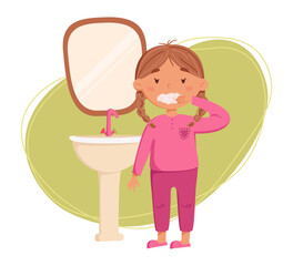 Cute girl with two pigtails brushing teeth vector illustration. Child stands at the sink with a mirror and performs morning bath procedures. Daily routine. Schedule. Illustration on abstract