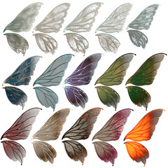 set of 3d render, fairy wings, magical creature, colors