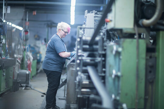 Woman working in the steel wool cleaner industry, Lahr, Baden-Wuerttemberg, Germany