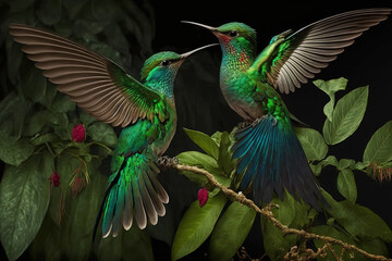 Fighting hummingbirds Urochroa bougueri leucura, also known as the green blue hummingbird from San Isidro, Ecuador, has a green back. In the tropical bush, two birds fly at each other. Hummingbirds fl