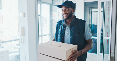 Black man ecommerce and box for delivery to office, excited and wow for deal, discount or gift. Happy delivery man, e commerce customer and logistics in startup workplace for online shopping