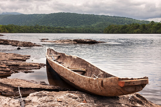 Old boat moored at Carrao river, Canaima National Park, Venezuela