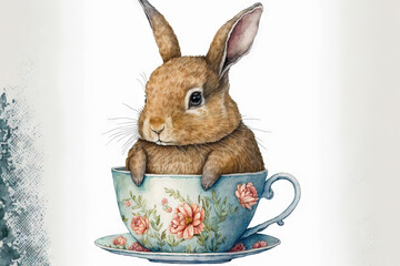 Watercolor illustration of a vintage female bunny rabbit holding a cup of tea and a saucer on a white backdrop. hand painted watercolor illustration drawing. Generative AI