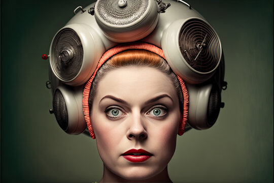 shot of a woman wearing a vintage futuristic cap sixties style
