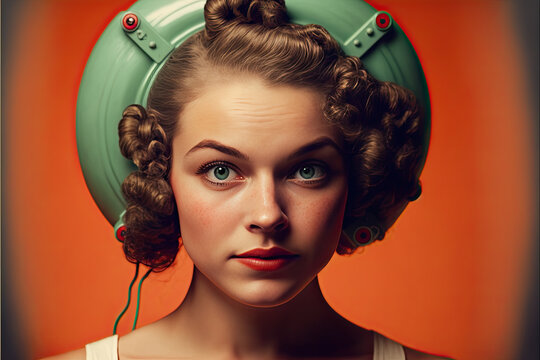 shot of a woman wearing a vintage futuristic cap sixties style