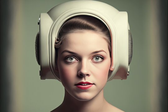 shot of a woman wearing a vintage futuristic cap sixties style