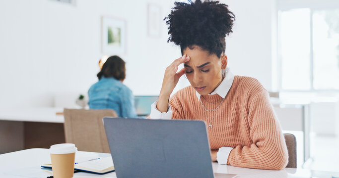 Business, stress and woman with laptop, tired and overworked in office, burnout and stress with mental health. Female, girl and administrator with fatigue, frustrated and online work for schedule.