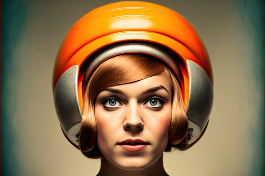 shot of a woman wearing a vintage futuristic cap sixties style